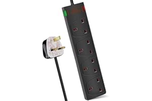 ExtraStar 4 Way Extension Lead with Surge Protection, 13A/250V~ Multi Sockets Power Strips, 3120W Fused UK Plug Wall Mounted Power Socket with 1M Extension Cord-Black