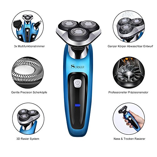SURKER Elektrorasierer 3D Rasierer Bartschneider 3 in 1 Präzisionstrimmer, Vollständig abwaschbar Barttrimmer set Blau - 6
