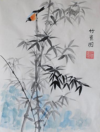 Jiangnanruyi Art Bird Tree Oridental Original Hand Painted Artwork Unframed Chinese Brush Ink and Wash Watercolor Painting Drawing Decorations Decor for Office Living Room Bedroom (20×15inch, Bamboo&amp;Sparrow)