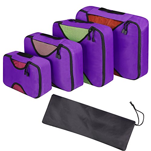Homdox Kleidertasche Packtaschen Koffer Packwürfel-Set mit Wäschesack, 4 Stück, Lila und schwarz