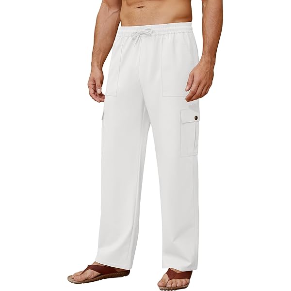 Pantalon Chino Cargo En Lin Pour Homme - Léger - Blanc - Pantalon