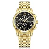 Multifunktions Herren Schwarz Uhr Gold Gesicht GMT 24H Analog Automatische Mechanische Edelstahl Uhr