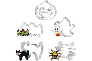 AURASKY Formine Biscotti Halloween, 5 Pezzi Stampi Biscotti Halloween, Tagliabiscotti di Halloween Biscotti Bakeware Fondente Tagliapasta Set- Formine per Biscotti in Acciaio inossidabile