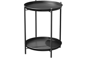 Grand patio Tavolino Rotondo a 2 Livelli, Tavolino da Salotto in Metallo, ​Tavolino Resistente alle Intemperie per Esterno, Soggiorno (Nero)