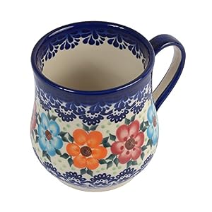 Traditional Polish Pottery, Handcrafted Ceramic Drop-shaped Mug (350 ml /12.3 fl oz), Boleslawiec Style Pattern, Q.102.BLUELACE