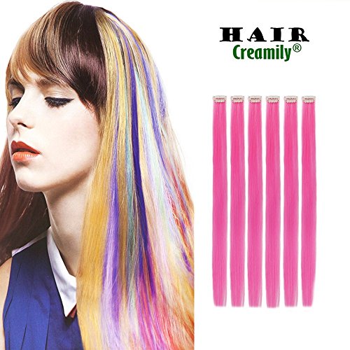 Creamily 6 Pieces of Hot Pink 20" Inches Multi-colors Party Highlights Clip in Synthetic Hair Extensions