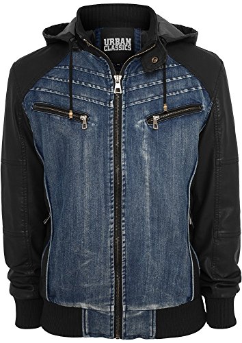 TB675 Hooded Denim Leather Jacket Herren Jacke Jeans Kapuze, Gre:XL;Farbe:denim/black
