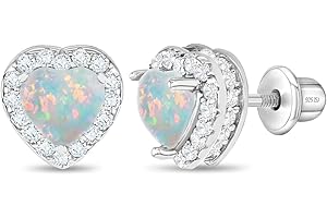 IN SEASON JEWELRY 925 Sterling Silver White Simulated Opal Birthstone Heart Safety Screw Back Earrings for Little Girls, Pre-Teens and Teens 8mm - Beautiful Heart Shaped Earrings with CZ Stones