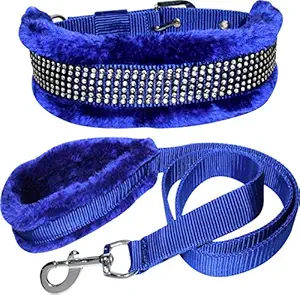 Pedigone Dog Belt Combo of 1.25 inch Blue Feather Padded Dog Collar with Dog Leash Soft Handle Feather Padded Dog Collar Leash
