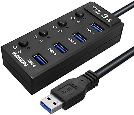 IMISON USB 3.0 4 ports Hub High-speed Data Transfer Adapter Extension with On/off Switch And Indicator Light DC 3.51.35 Power Jack [BC 1.2]