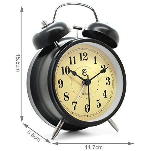 JCC Retro Doppelglocke wecker nicht tickende lautlos Analog Quarz Bedside Tischuhr mit 5 Minuten Snooze wiederholen Alarmfunktion, Nachtlicht und Loud Alarm – batteriebetrieben (schwarz) - 4
