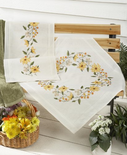 Bezaubernde Stickpackung "SONNENSCHEIN" mit wundervollen gelben Blumen - Stickdecke 80 cm x 80 cm - Kreuzstich vorgezeichnet - aus 100 % Baumwolle - qualitativ sehr hochwertig - zum Sofort-Loslegen - Mitteldecke 80 x 80 - zum Selbersticken - aus dem KAMACA-SHOP