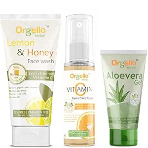 Orgello Herbal Skin care combo products kit pack - Lemon & Honey Face Wash (1 X 100 ml) + Vitamin C Facial Toner (1 x 100 ml ) + Aloevera Gel for Face & Hair (1 x 60 gm) for men, women, boys, girls