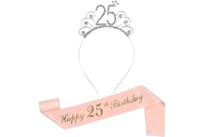 SUSSURRO Strass Couronne Anniversaire et Écharpe Rose Happy 25th Birthday Accessoires Anniversaire Reine pour Décoration Fête Cadeau Costume de 25 Ans Femme Fille
