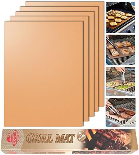 Grill Mats, Set of 5 Set – 100% Non-Stick BBQ Grill & Baking Mats – FDA Approved, PFOA Free, Reusable and easy to clean – Ideal for Cars Llean Gas/Charcoal Electric Grill and Oven