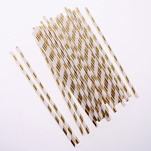 MagiDeal Papier Trinkhalm Biologisch Papier Stroh, 25 Stück – Weiß Gold, 20cm - 5