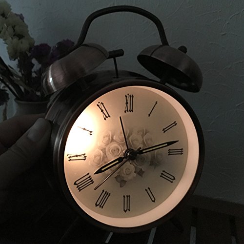 Retro Glockenwecker,Trrebtle Doppelglocken-Wecker mit Nachlicht, geräuschloser Betrieb, Quarzuhrwerk, wecker analog, Retro-Design, lauter Alarm 4 Zoll,Kupfer - 7
