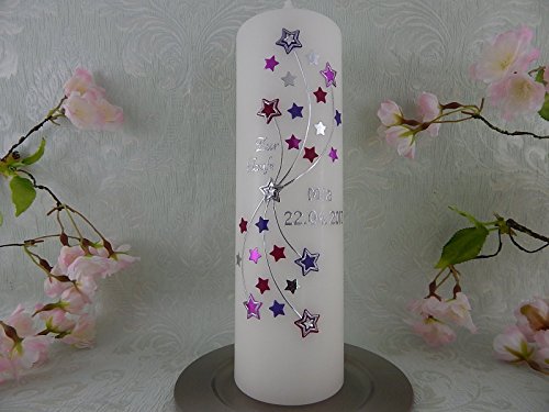 Taufkerze Sterne lila modern Kerze zur Taufe ohne Kreuz Junge Mädchen 250/70 mm mit Name und Datum - 2