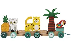 Janod - Train Tropical à Tirer Tropik - Jouet à Tirer en Bois - 11 Pièces et 3 Wagons - Jouet Educatif Motricité et Coordination Main Œil - Certifié FSC - Peinture à l'Eau - Dès 1 An, J08272
