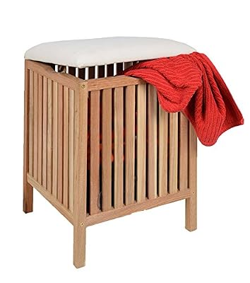 ts-ideen Tabouret avec coussin pour le sauna, salle de bains panier à linge en bois de noyer massif
