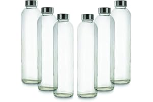 BrandPrint, Set di 6 Bottiglie in Vetro per Acqua Modello Eos 750 ml con Tappo a Vite in Acciaio Inox. Per Bevande e Succhi.