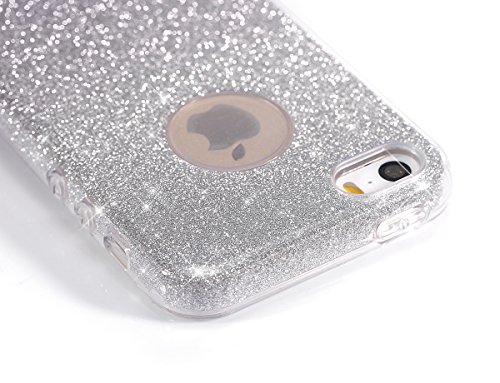 Felfy iPhone SE Hülle,iPhone 5S Schutzhülle Glitzer Hülle,iPhone 5 Schutzhülle Case TPU Bumper Case Soft Silikon Gel Schutzhülle Gradient Shinning Glitzer Bling [Weiche TPU Abdeckung + Glitzer Papier + PP innere Schicht] [Drei in Einem] Schutzhülle Schutzhülle Tasche Silicone Rückseite Hülle Etui Cover für Apple iPhone SE/5S/5 (Gradient Grau Schwarz) + 1x Schwarz Stylus + 1x Screen Protector - 3