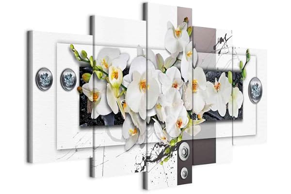 B&D XXL - Tableau décoratif nature 200x100 cm - Impression sur toile colorée - Décoration murale pour salon et chambre - Fleurs géométriques nature moderne orchidées plantes b-C-0150-b-n
