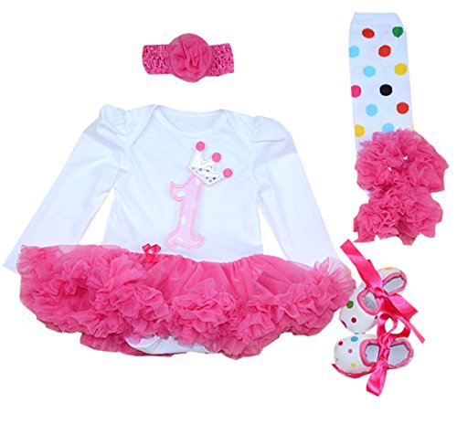 Marlegard® Baby Girls' 4PCs Long Sleeve 1st Birthday Hot Pink Tutu Dress with Headband Shoes Leggings (12M(9-12months))