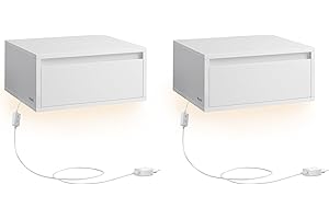 VASAGLE KAILYN Collezione - Comodino Pensile, Set di 2 Comodini Sospesi, Luce Regolabile, Cassetto, Mensola da Parete, 35 x 40 x 18 cm, Moderno, Camera da Letto Soggiorno, Bianco Nuvola LET854W01