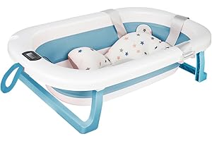 HUOLE Baignoire Pliable Bébé avec Thermometre Digital,Baignoire Bebe avec Tapis de Bain Baignoire de voyage portable pour bébés et enfants de 0 à 24 mois Newborn Essentials-80 * 50 * 23 cm-bleu