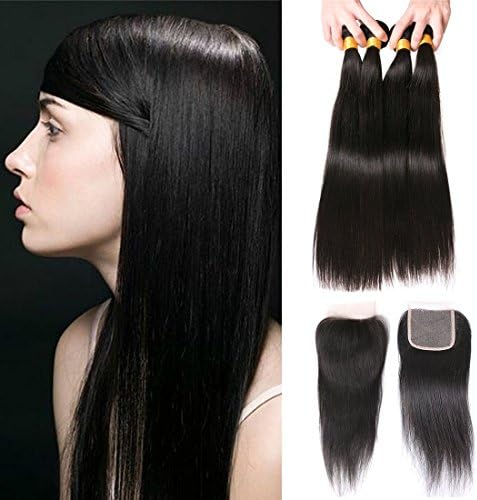 SilkyLong 4 bundles and Closure Deal of Peruvian Straight hair with Lace Frontal Closure Free Part Virgin Human hair Weft 16 18 20 22+14 Natural Color