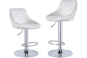 Panana Lot de 2 Tabourets de Bar, Chaises Haut, Hauteur Réglable, Revêtement en PU, Rotatif sur 360°, avec Dossier et Repose-Pieds, Pied Chromé, 39 cm (L) x 38 cm (l) x 89-109 cm (H) (Blanc)