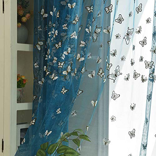 HM&DX Mariposa Bordado Cortinas Visillo, Poliester Gancho Voile Cortinas Decoración Cortinas Paneles para Balcones Sala -Azul 400x270cm(157x106inch)