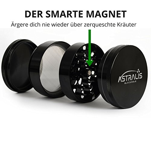 ASTRALIS Black Hole erstklassiger Grinder Ø63mm für Gewürz- und Tabak-Waren | Mit exklusivem Space Ship | Große Kräutermühle zermahlt und zerkleinert Kräuter / Gras | Aluminium crusher mit Deckel und kraftvollem Magnet, scharfen Mahlzähne, feines Pollensieb und Auffangschale 4 Teile (Schwarz) - 6
