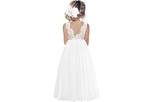 Beganly Mädchen Festtagskleider Spitze V-Rücken Kleid ärmellos Flauschig Tüll Prinzessin Partykleid Blumenmädchen Kleider