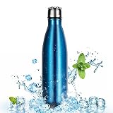 500ml/17oz Botella para Agua Deportiva de Acero Inoxidable para Mantener sus Bebidas Caliente y Fría, OMorc Reutilizable Portátil Doble Pared Aislada al Vacío Botella Térmica Perfecto para Deportes al Aire Libre Camping Senderismo Ciclismo, Con un Cepillo de Limpieza-Azul