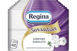 Regina Sensation - 42 Rotoli di Carta Igienica, 160 Soffici Strappi a 3 Veli, Morbida e Resistente, Con Estratto Naturale di Cotone, 60% Plastica Riciclata
