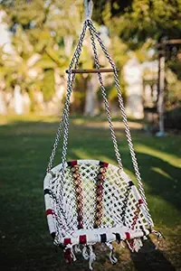 Patiofy Made in India Large Size Swing Chair with Free Hanging Accessories Kit/Cotton Rope Hanging Chair Hammock/Jhula for Indoor and Outdoor/Swing for Kids/Adults/Home (Capacity 120 Kgs, White-Red)