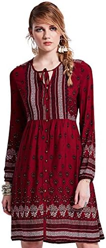Bohoartist Pullover Red Floral Lace up Long Sleeve Single-Breasted Flower Print Day Short Dress (S)