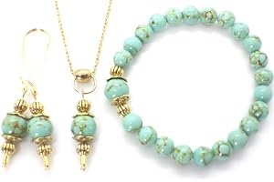 Parure bracelet, collier et boucles d'oreille de style vintage pour femme en turquoise reconstituée bleue et métal doré