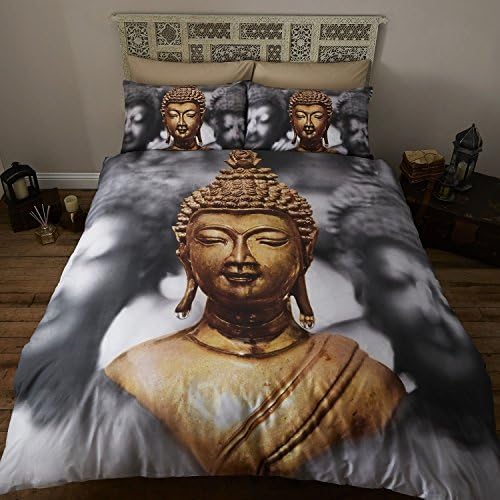 Buddha Design Photo Print Duvet Quilt Cover Single Bed Bedding Set Grey Gold New