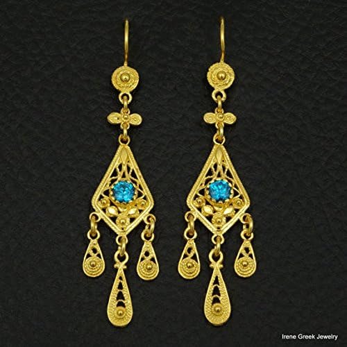 Aqua Blue Topaz Cz Earrings Filigree Style 925 Sterling Silver 22K Gold Plated Greek Handmade Art Rare