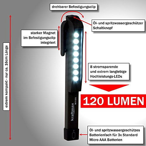 Kraftmax W100 LED Pocketlight Arbeitslampe kabellos, Worklight mit Befestigungs-Clip inklusiv Magnet Halterung, Penlight Inspektionslampe ohne Batterien 48828546 - 4