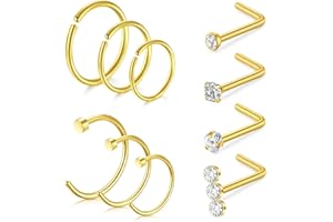 NIUSIMAN Anillo Piercing Nariz aro Oro plata 20G L Anillo piercing nariz acero quirurgico Delgado Pequeño Anillo Nariz Doble Aro Bola Cristal Plana Anillos Piercing Nariz Acero Quirúrgico