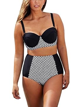 Nergivep - Bikini push-up da donna, taglia maggiorata, stile vintage, bianco e nero a righe, a vita alta