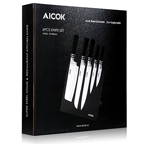 Aicok Magnetischer Messerblockset, Messerset Mit Magnetischem Messerhalter, 6-tlg, Rostfreier Spezialstahl Messerblock Set mit Magnetischem Messerbrett, Schwarz - 7