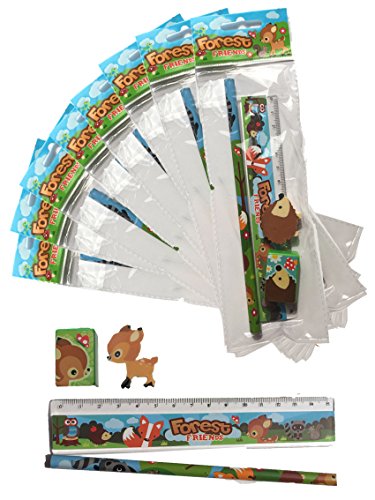 12 x Packungen Schreibset Design Woodland / Forest Friends (Kleine Waldtiere: Fuchs (Fox), Eichhörnchen, Igel, Reh). Kinder Schule Briefpapier Set. 4 tlg. Bleistift, Spitzer, Lineal, Radierer