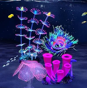 ZtohPyo 4 Pieces Glowing Fish Tank Decorations Plants with Simulation Silicone Coral, Artificial Horn Coral,Fluorescence Sea Anemone for Aquarium Fish Tank Glow Ornament