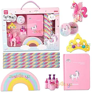 zest 4 toyz Unicorn Stationary Set for Girls Boys with Pencil, Eraser, Sharpener, Diary Stationery Kit for Kids Birthday Return Gift - Pink