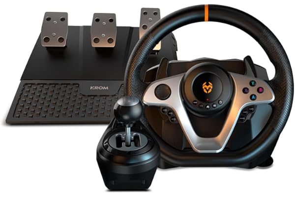KROM K-WHEEL PRO – Volant de course professionnel avec pédales, levier de vitesses, palettes intégrées, 3 modes de sensibilité réglables, compatible PC, PS3, PS4, Xbox One et Nintendo Switch – Noir